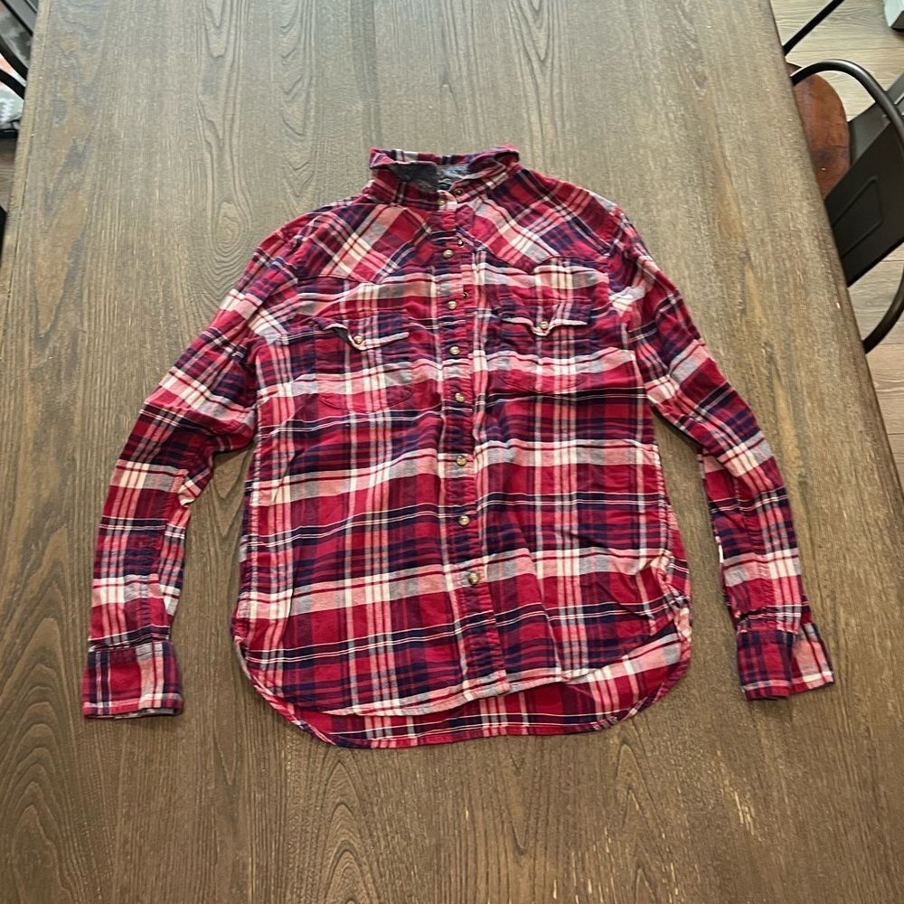 Jachs Girlfriend Comfort Stretch Red Buffalo Plaid Print Button Up Shirt Size S